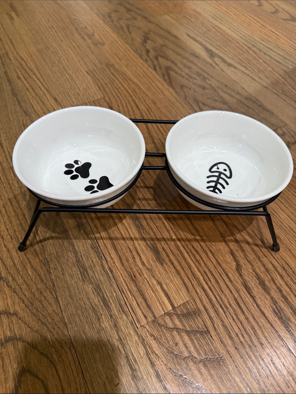 White Ceramic Double Dog Bowl Set with Black Stand - Paw & Fishbone Accent